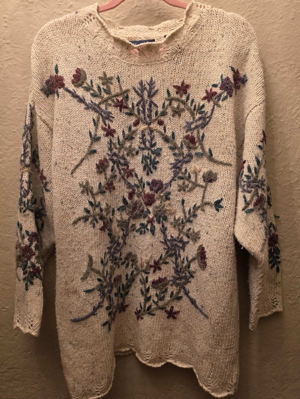 Vintage 90s Floral Embroidered Chunky Knit Sweater XL Cottagecore Art Knit
